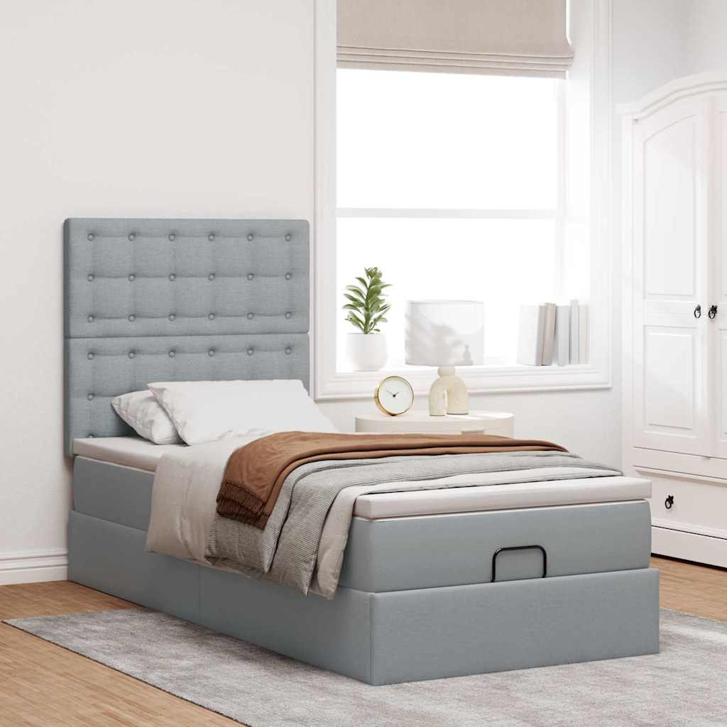 Lit ottoman avec matelas et LED gris clair 100x200 cm tissu