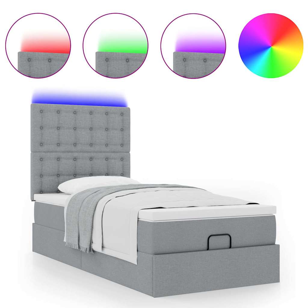 Lit ottoman avec matelas et LED gris clair 100x200 cm tissu