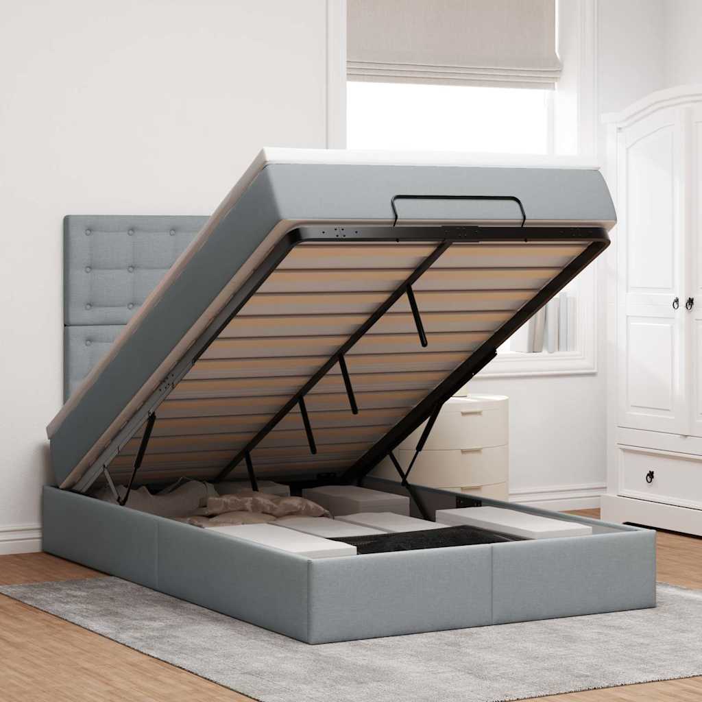 Ottoman-Bett mit Matratze & LEDs Hellgrau 120x190 cm Stoff
