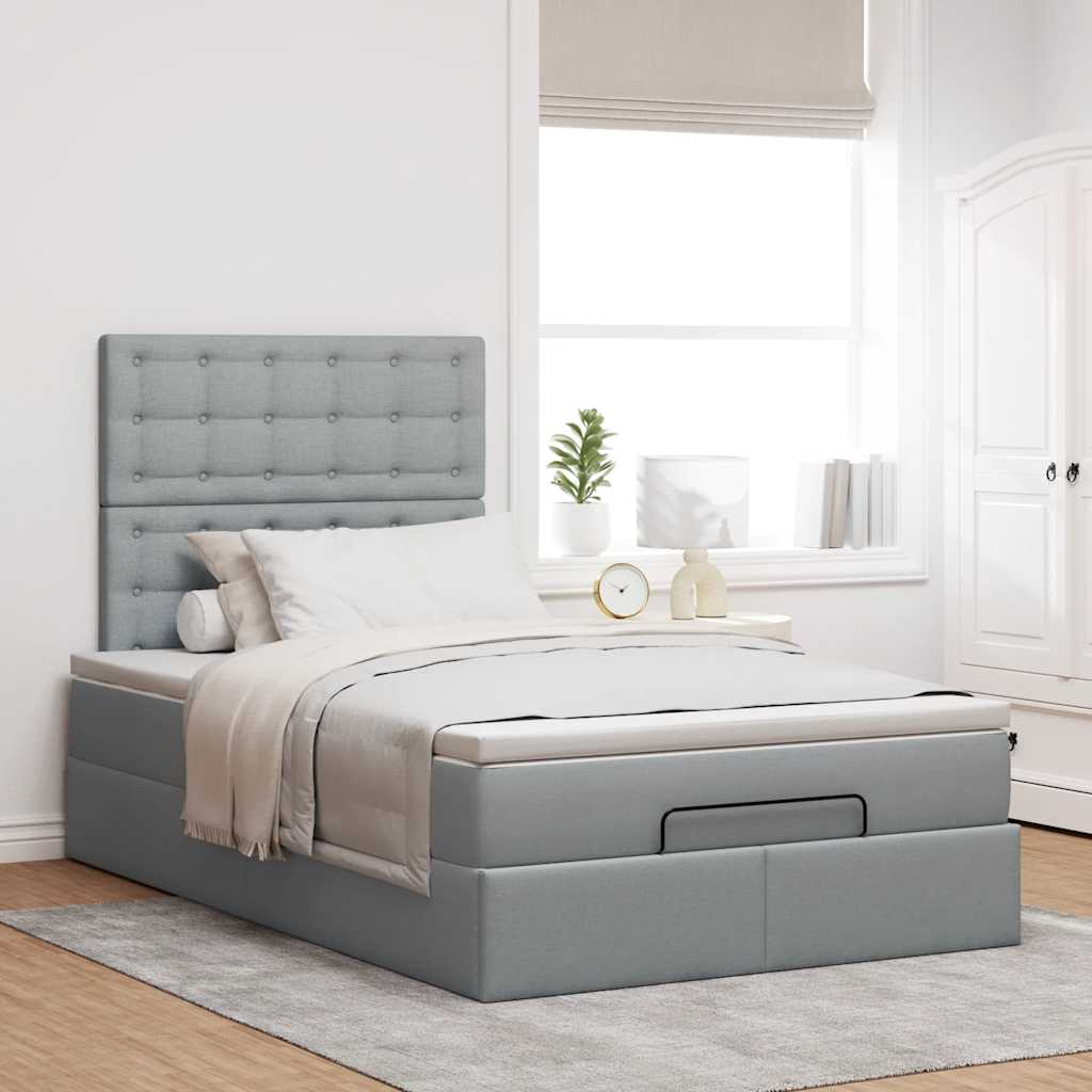 Ottoman-Bett mit Matratze & LEDs Hellgrau 120x190 cm Stoff