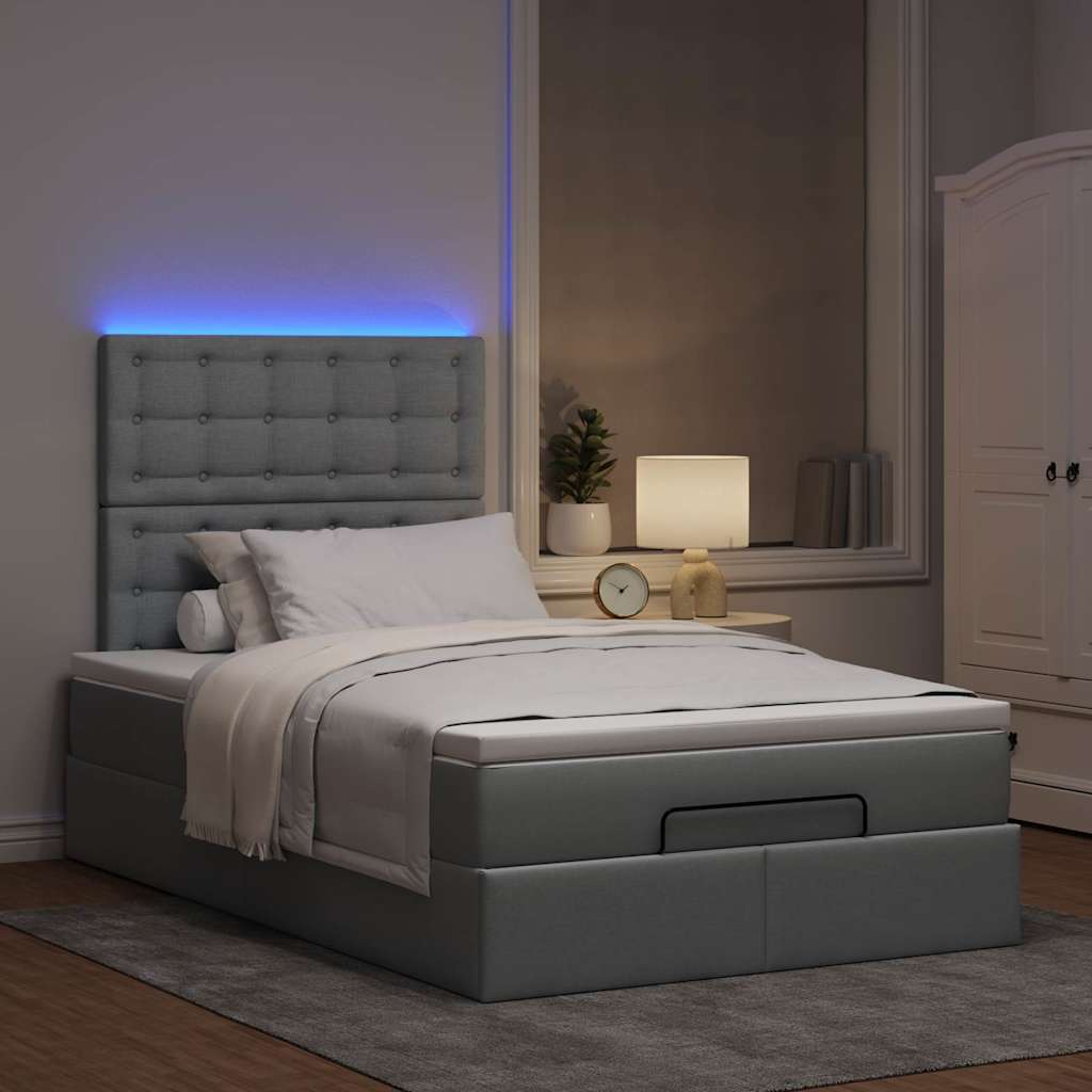 Ottoman-Bett mit Matratze & LEDs Hellgrau 120x200 cm Stoff