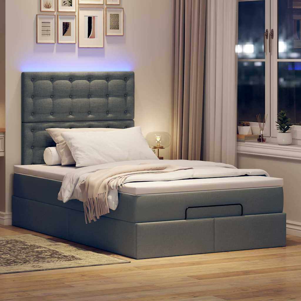 Lit ottoman avec matelas et LED tissu gris foncé 120x200 cm