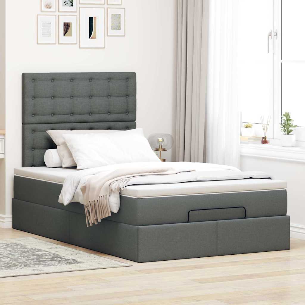 Lit ottoman avec matelas et LED tissu gris foncé 120x200 cm