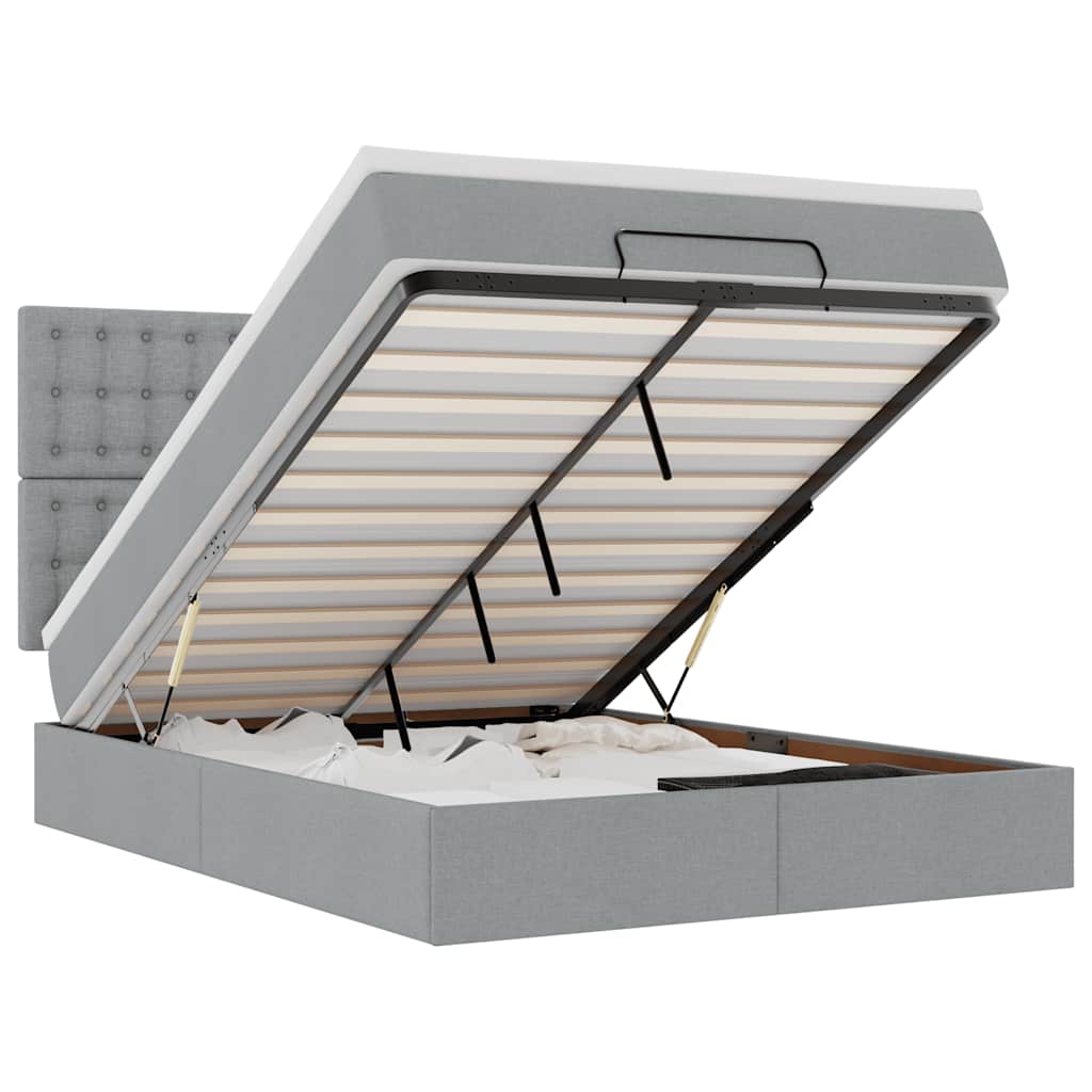 Ottoman-Bett mit Matratze & LEDs Hellgrau 140x190 cm Stoff