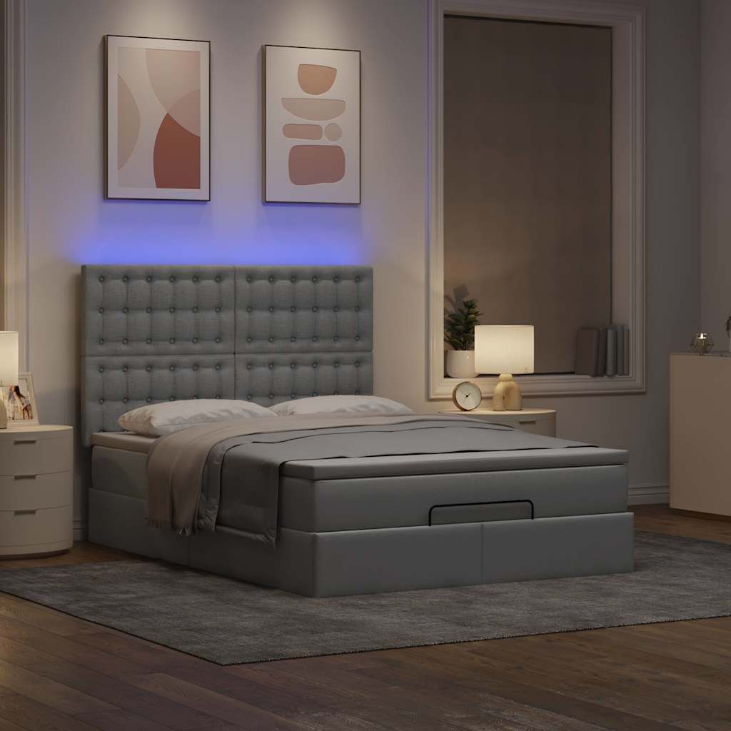 Ottoman-Bett mit Matratze & LEDs Hellgrau 140x200 cm Stoff