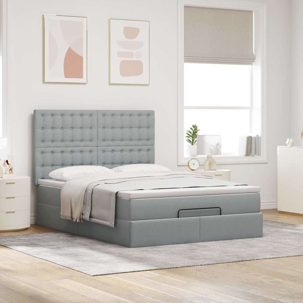 Ottoman-Bett mit Matratze & LEDs Hellgrau 140x200 cm Stoff