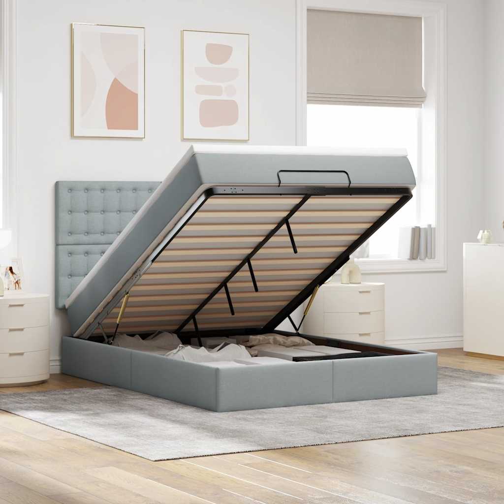 Ottoman-Bett mit Matratze & LEDs Hellgrau 140x200 cm Stoff