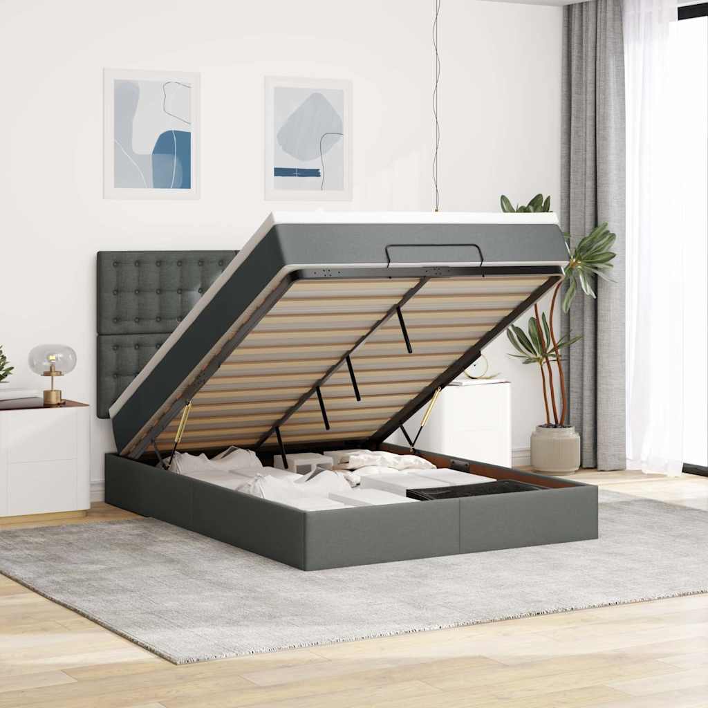 Ottoman-Bett mit Matratze & LEDs Dunkelgrau 140x200 cm Stoff