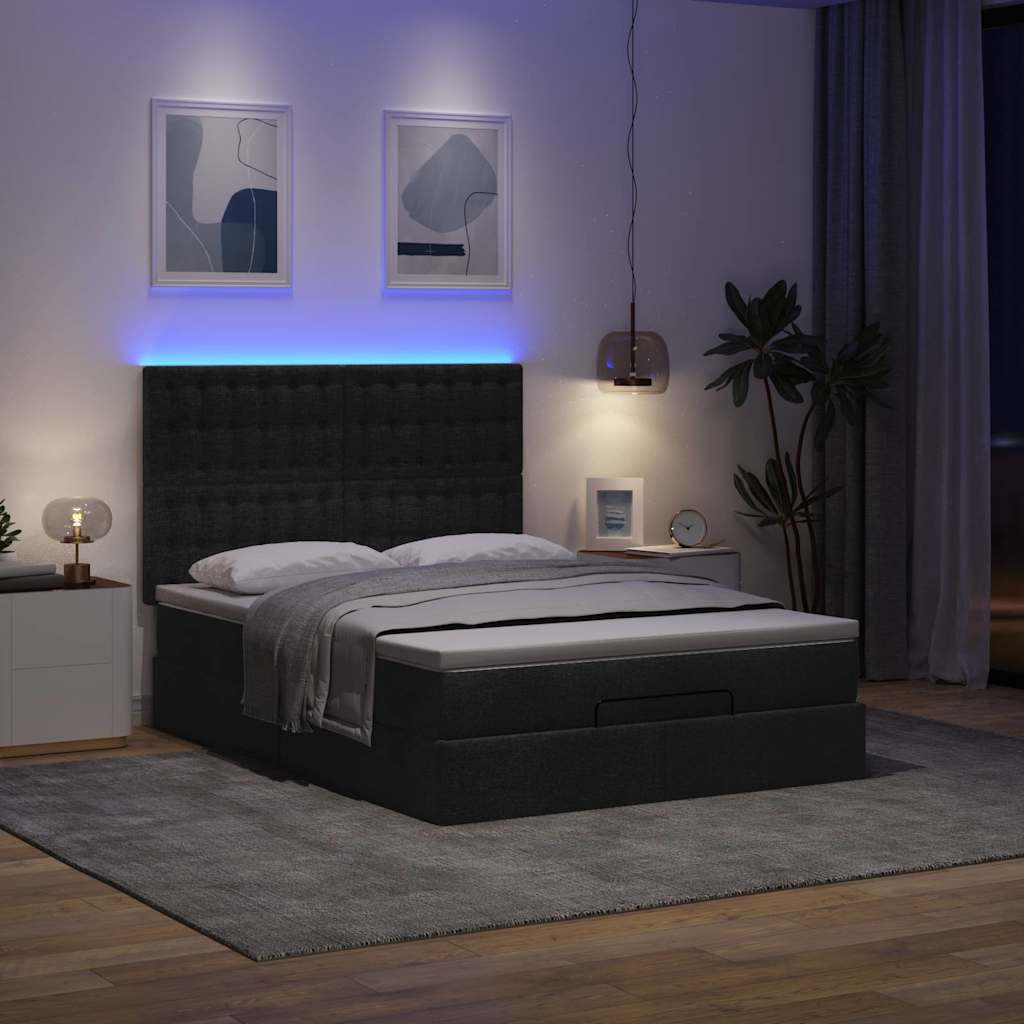 Ottoman-Bett mit Matratze & LEDs Schwarz 140x200 cm Stoff