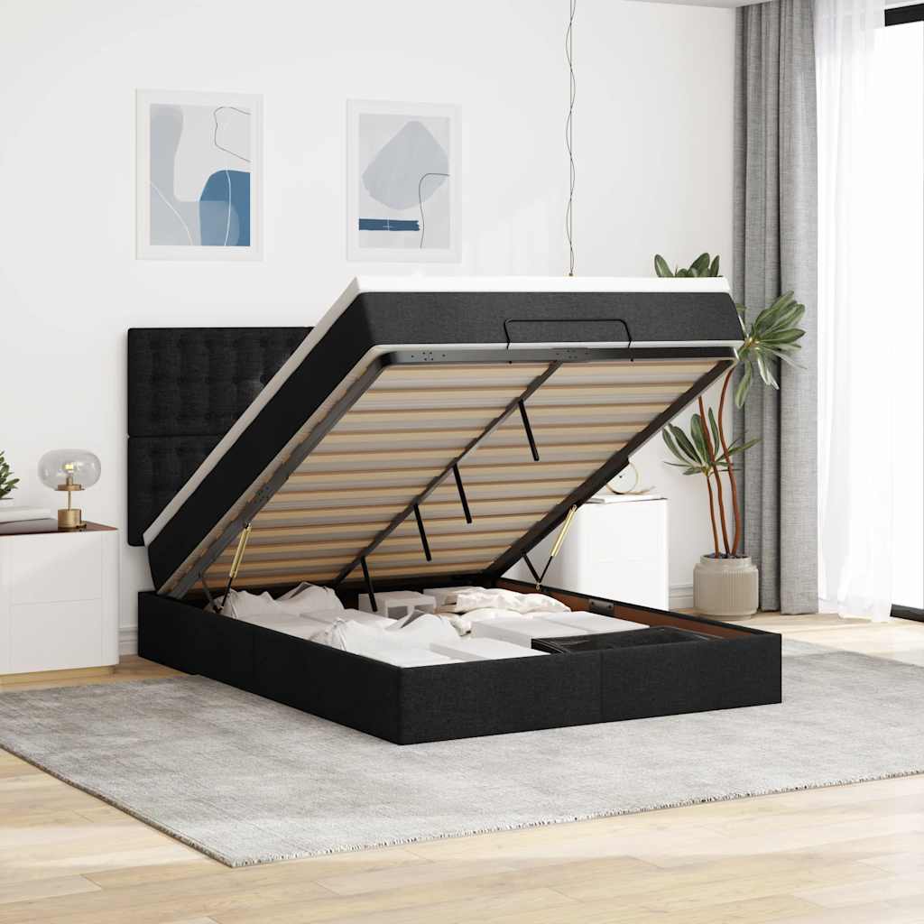 Ottoman-Bett mit Matratze & LEDs Schwarz 140x200 cm Stoff