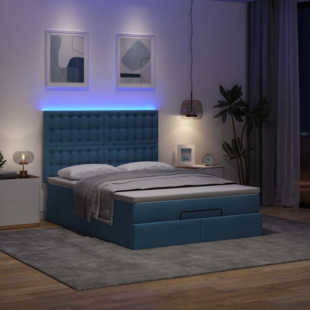 Ottoman-Bett mit Matratze & LEDs Blau 140x200 cm Stoff