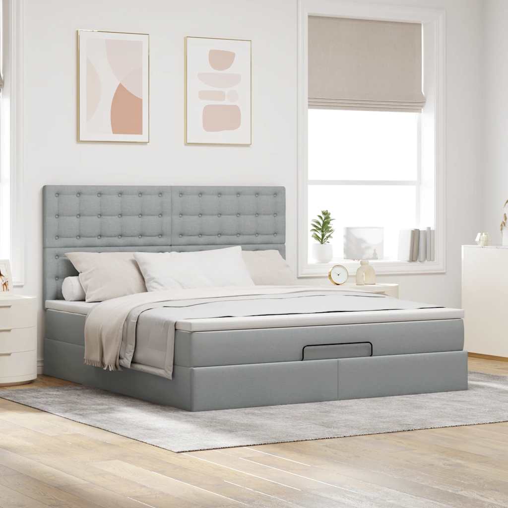 Ottoman-Bett mit Matratze & LEDs Hellgrau 180x200 cm Stoff