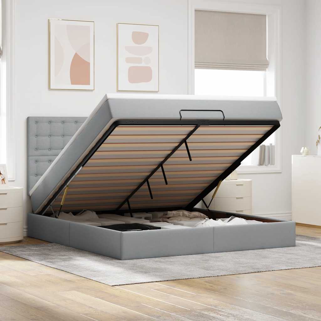 Ottoman-Bett mit Matratze & LEDs Hellgrau 180x200 cm Stoff