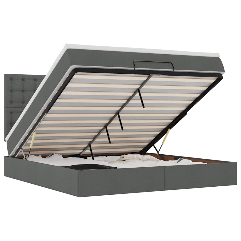 Lit ottoman avec matelas et LED tissu gris foncé 180x200 cm