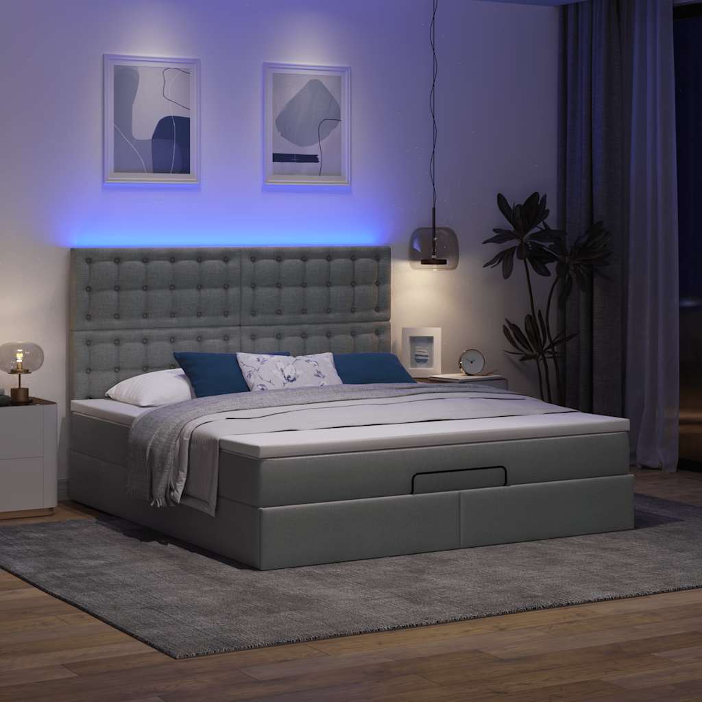 Lit ottoman avec matelas et LED tissu gris foncé 180x200 cm