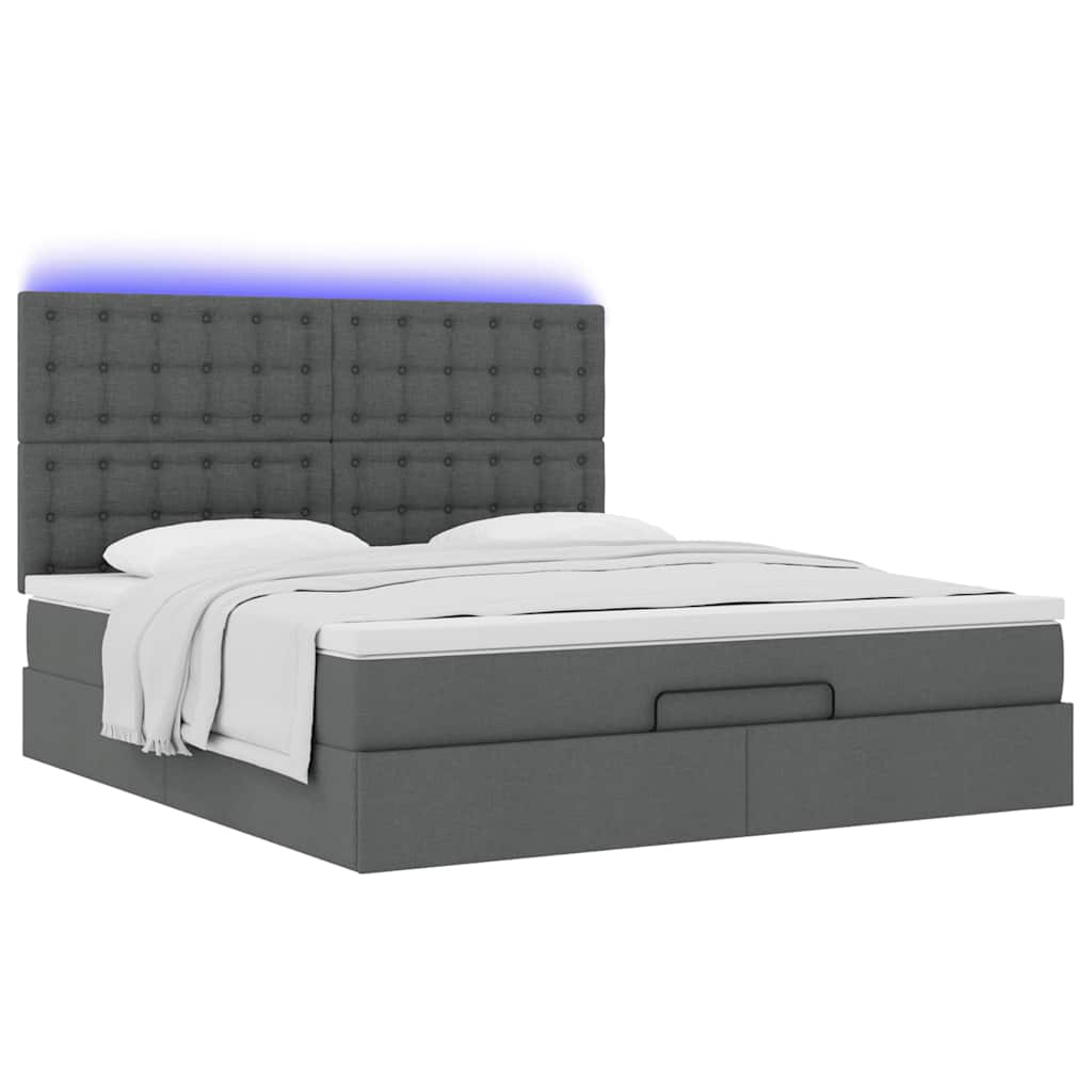 Lit ottoman avec matelas et LED tissu gris foncé 180x200 cm