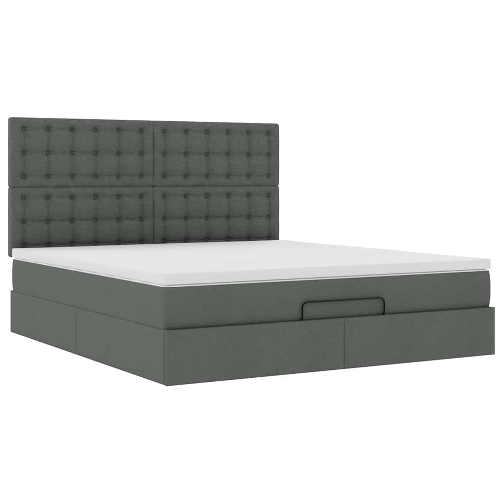 Lit ottoman avec matelas et LED tissu gris foncé 180x200 cm