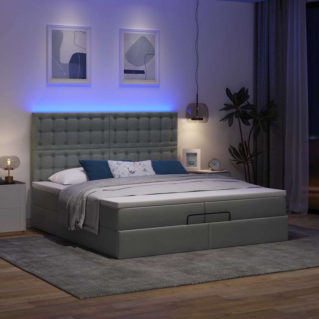 Ottoman-Bett mit Matratzen & LEDs Dunkelgrau 200x200 cm Stoff
