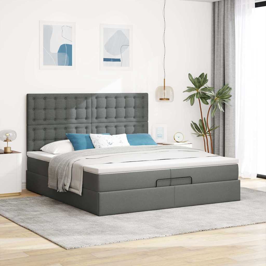 Ottoman-Bett mit Matratzen & LEDs Dunkelgrau 200x200 cm Stoff