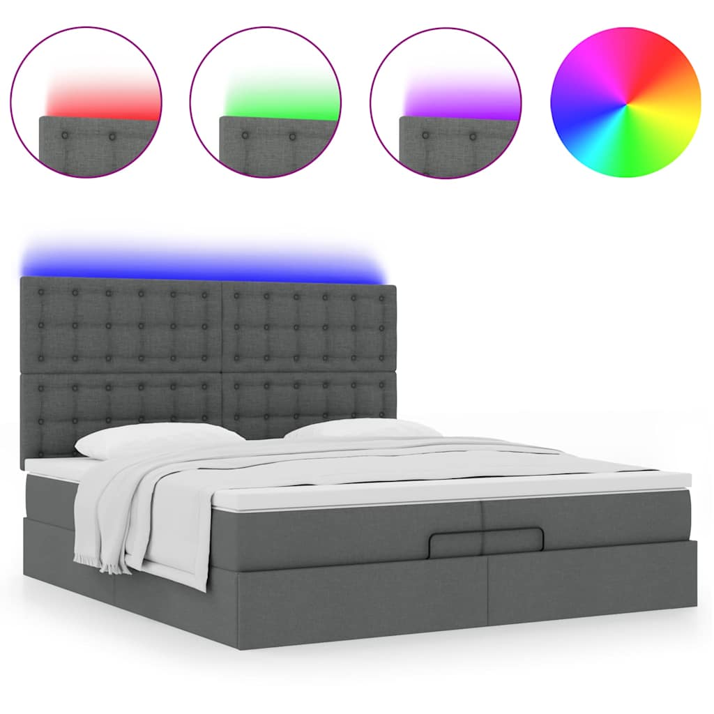 Ottoman-Bett mit Matratzen & LEDs Dunkelgrau 200x200 cm Stoff