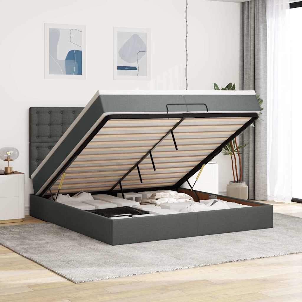 Ottoman-Bett mit Matratzen & LEDs Dunkelgrau 200x200 cm Stoff