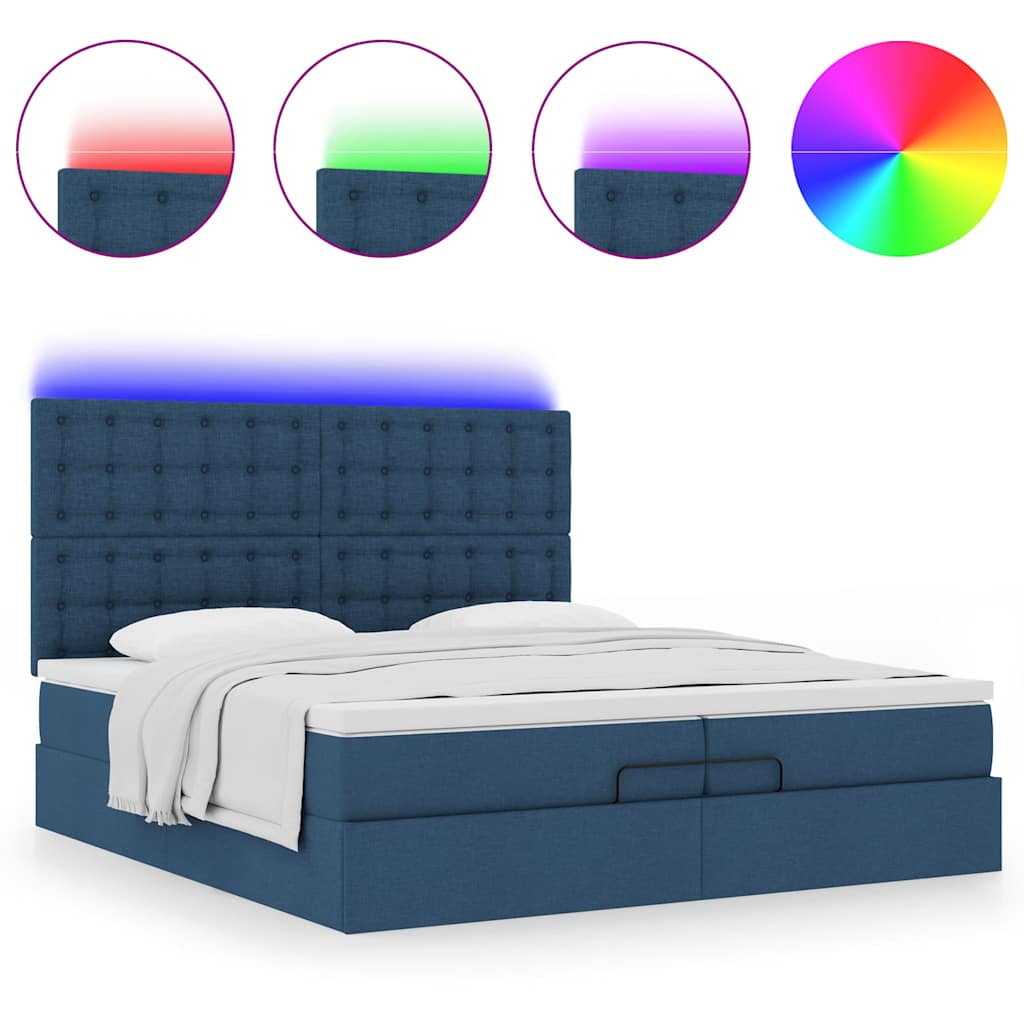 Ottoman-Bett mit Matratzen & LEDs Blau 200x200 cm Stoff