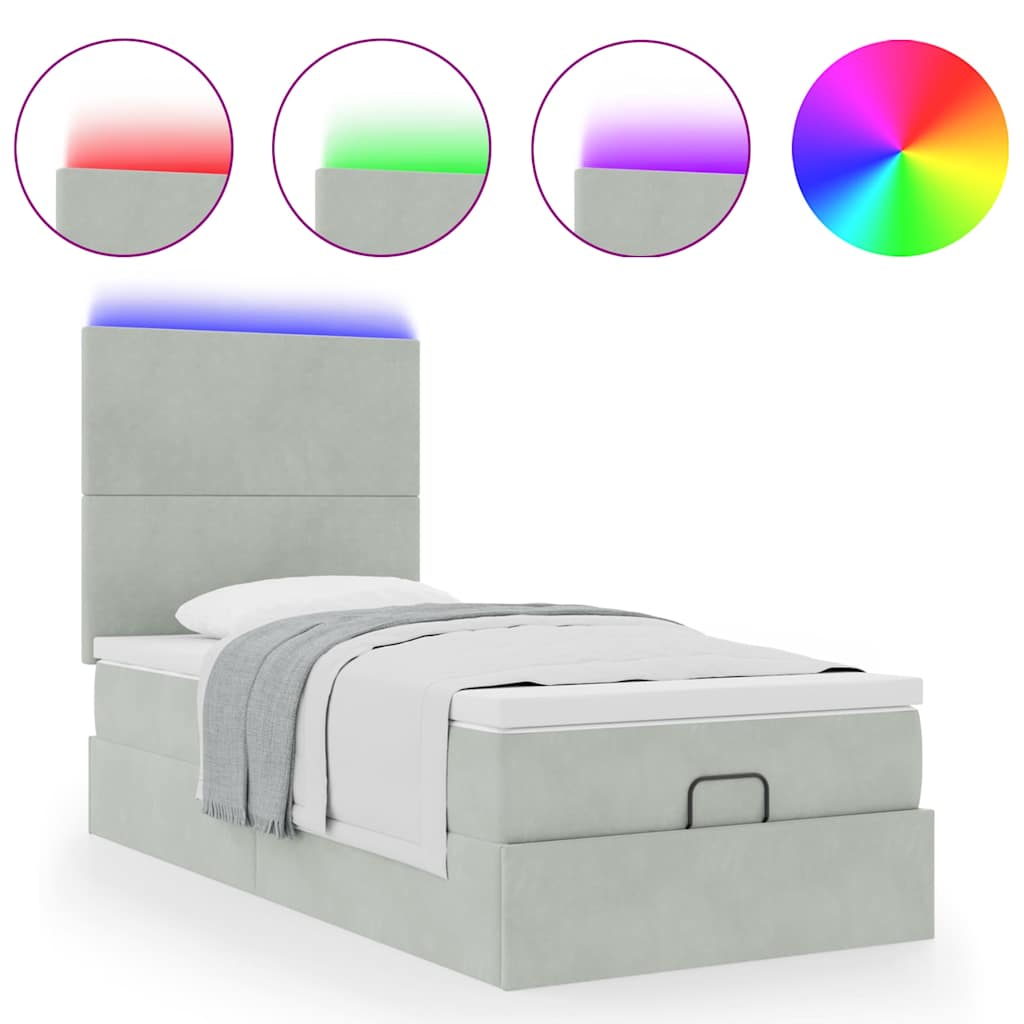 Ottoman-Bett mit Matratzen & LEDs Hellgrau 90x190 cm Samt