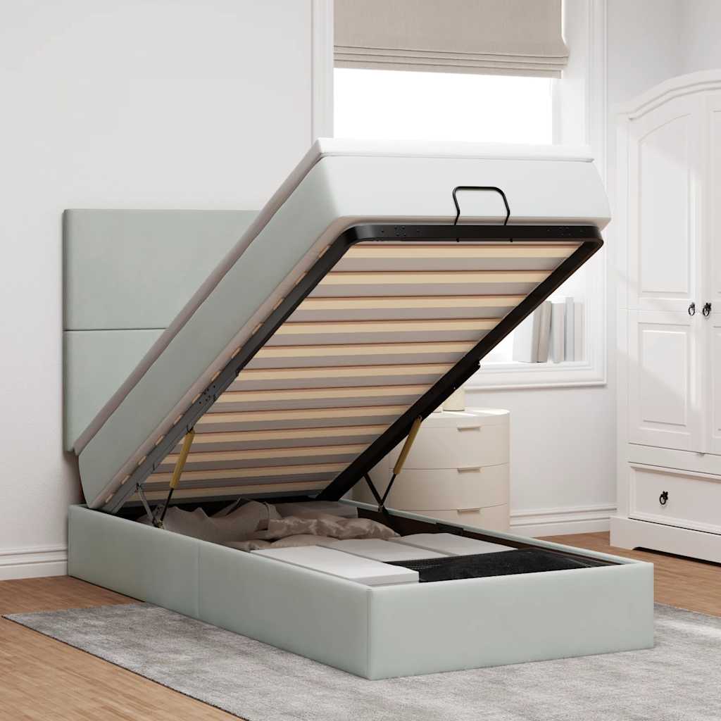 Ottoman-Bett mit Matratzen & LEDs Hellgrau 90x190 cm Samt