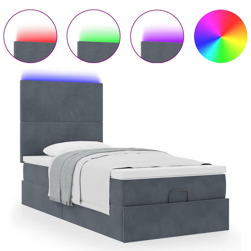 Ottoman-Bett mit Matratzen & LEDs Dunkelgrau 90x190 cm Samt
