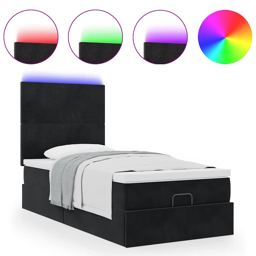 Ottoman-Bett mit Matratzen & LEDs Schwarz 90x190 cm Samt