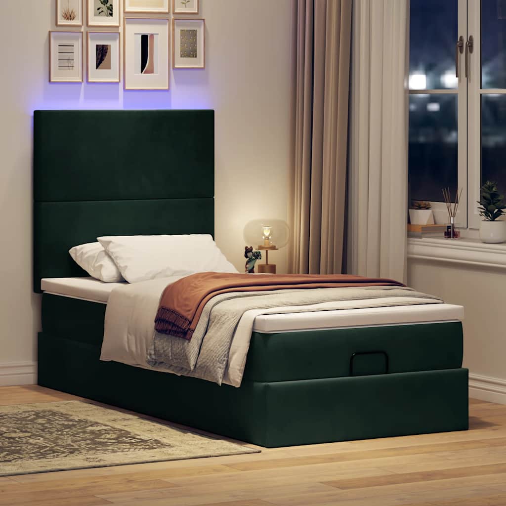 Ottoman-Bett mit Matratzen & LEDs Dunkelgrün 90x190 cm Samt