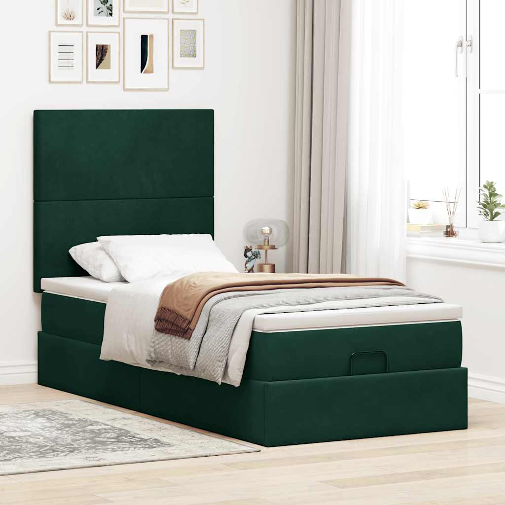 Ottoman-Bett mit Matratzen & LEDs Dunkelgrün 90x190 cm Samt