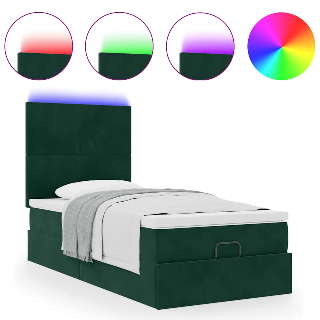 Ottoman-Bett mit Matratzen & LEDs Dunkelgrün 90x190 cm Samt