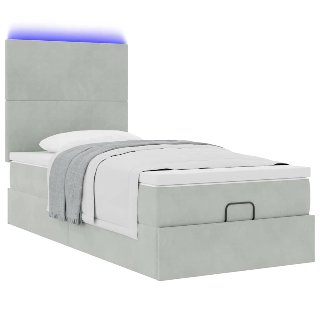 Ottoman-Bett mit Matratzen & LEDs Hellgrau 90x200 cm Samt