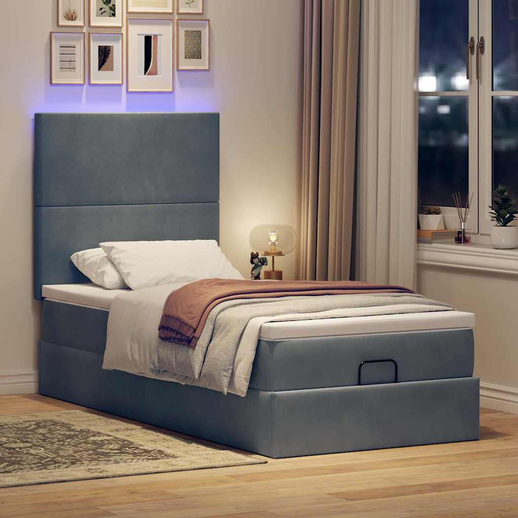 Ottoman-Bett mit Matratzen & LEDs Dunkelgrau 90x200 cm Samt
