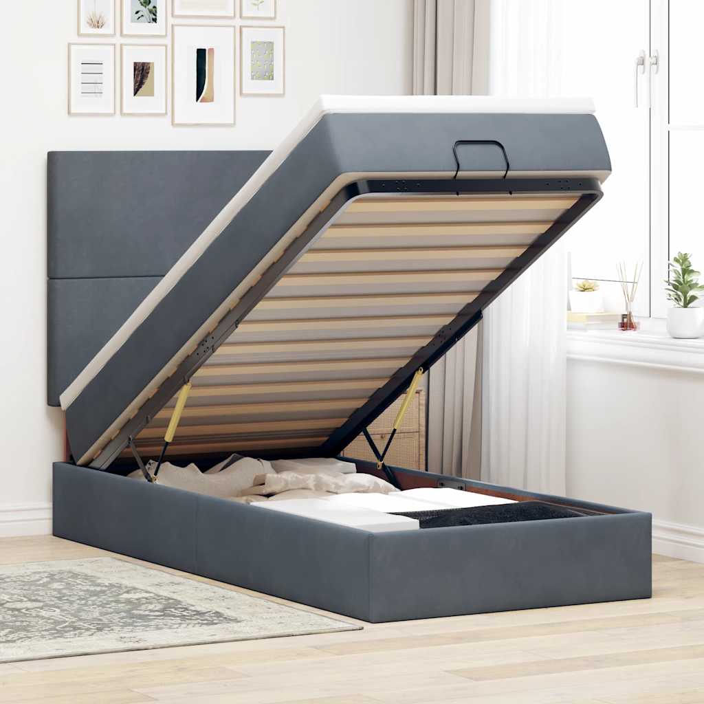 Ottoman-Bett mit Matratzen & LEDs Dunkelgrau 90x200 cm Samt