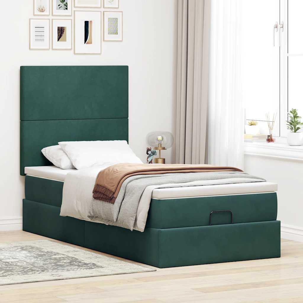 Ottoman-Bett mit Matratzen & LEDs Dunkelgrün 90x200 cm Samt