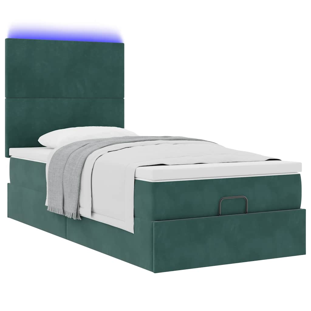 Ottoman-Bett mit Matratzen & LEDs Dunkelgrün 90x200 cm Samt