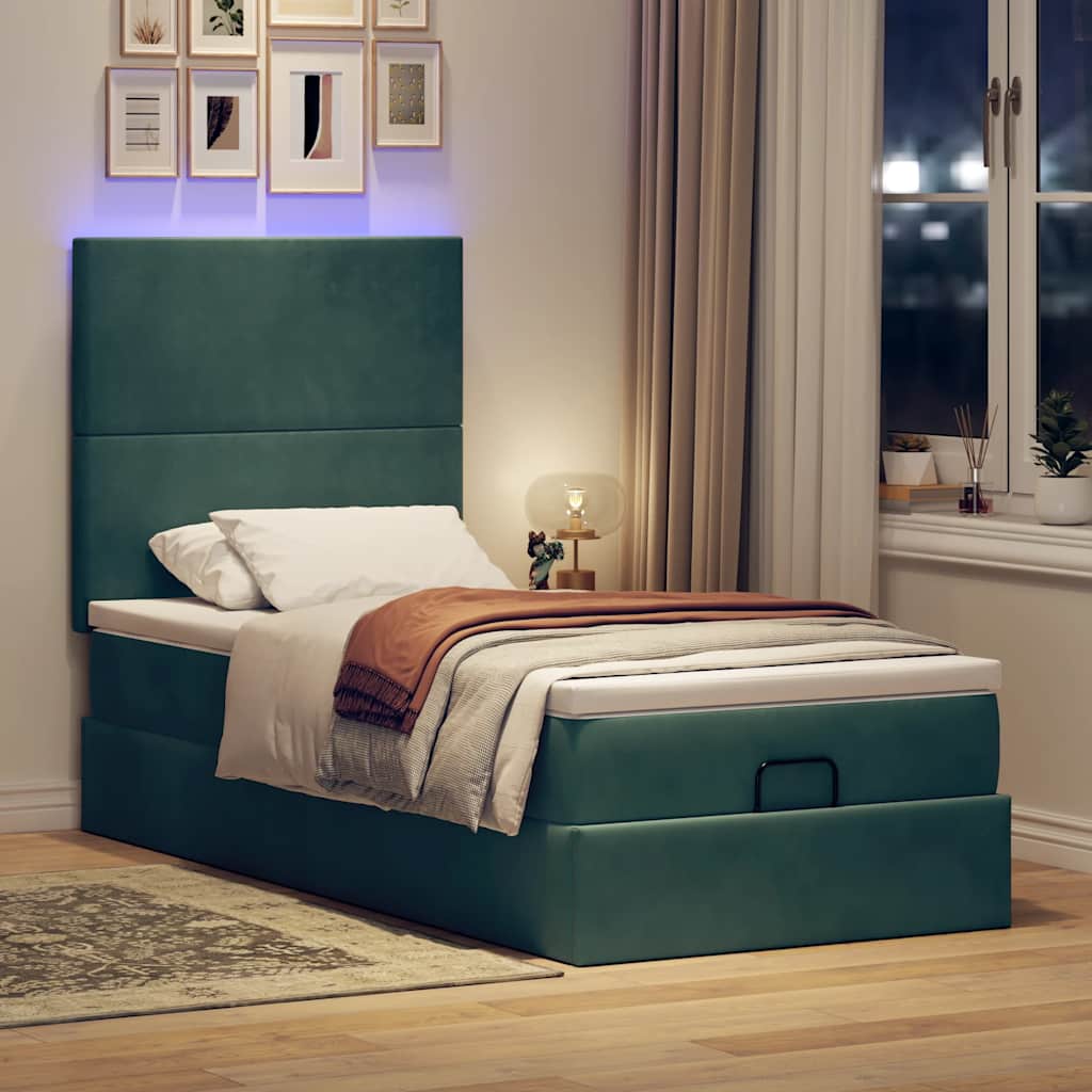 Ottoman-Bett mit Matratzen & LEDs Dunkelgrün 100x200 cm Samt