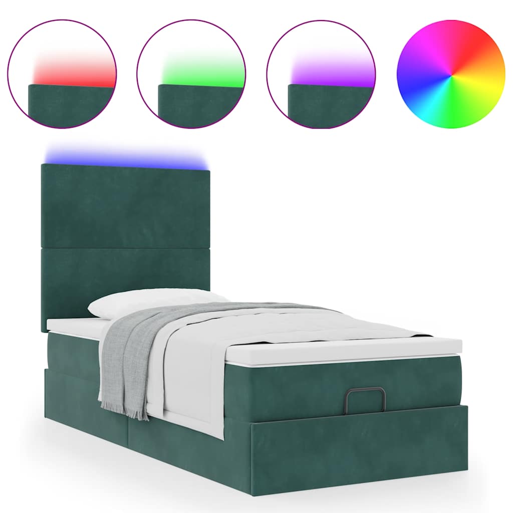 Ottoman-Bett mit Matratzen & LEDs Dunkelgrün 100x200 cm Samt