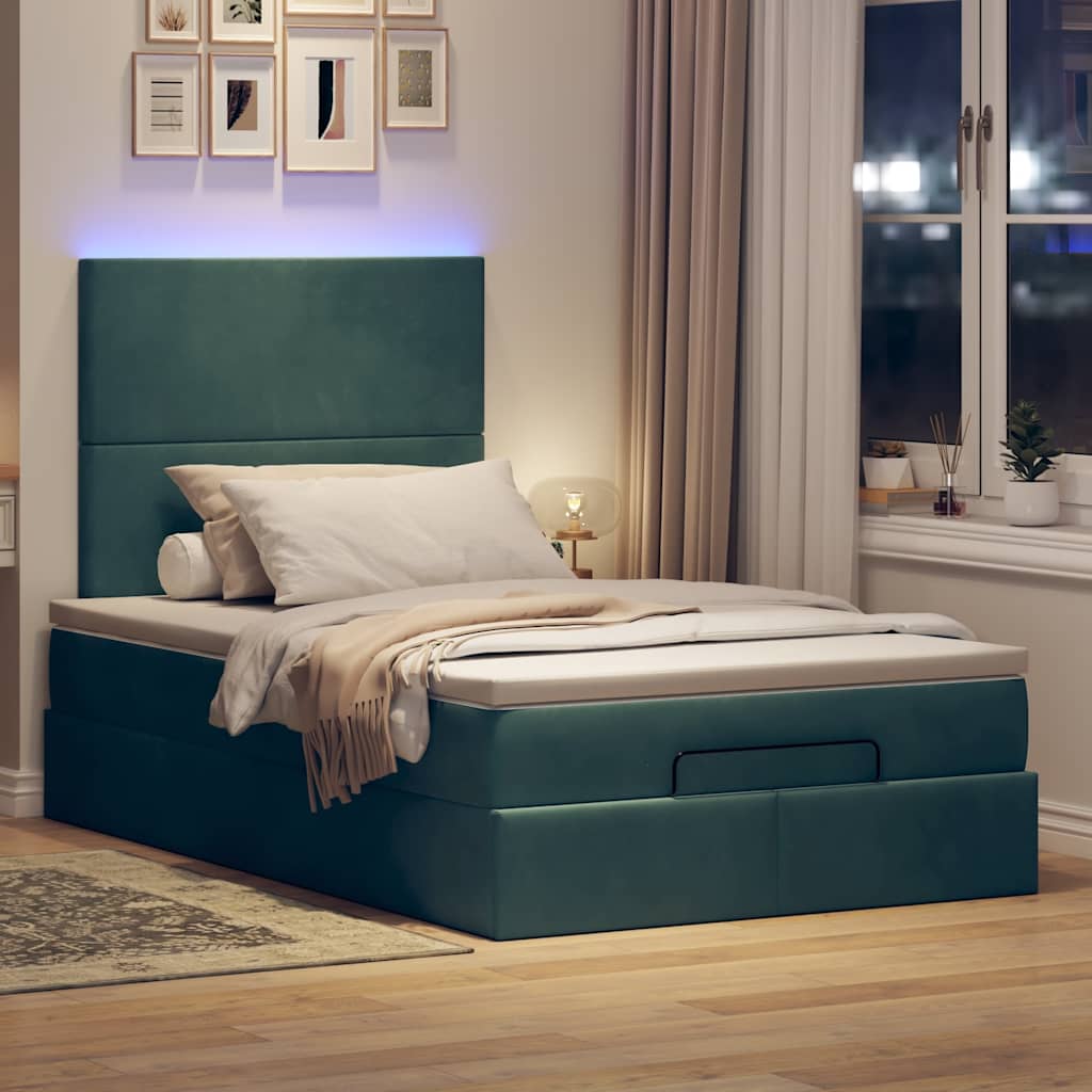 Ottoman-Bett mit Matratzen & LEDs Dunkelgrün 120x190 cm Samt