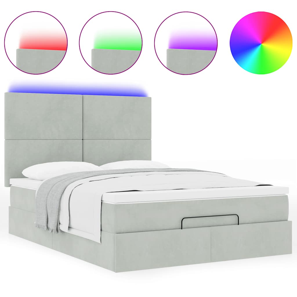 Ottoman-Bett mit Matratzen & LEDs Hellgrau 140x200 cm Samt