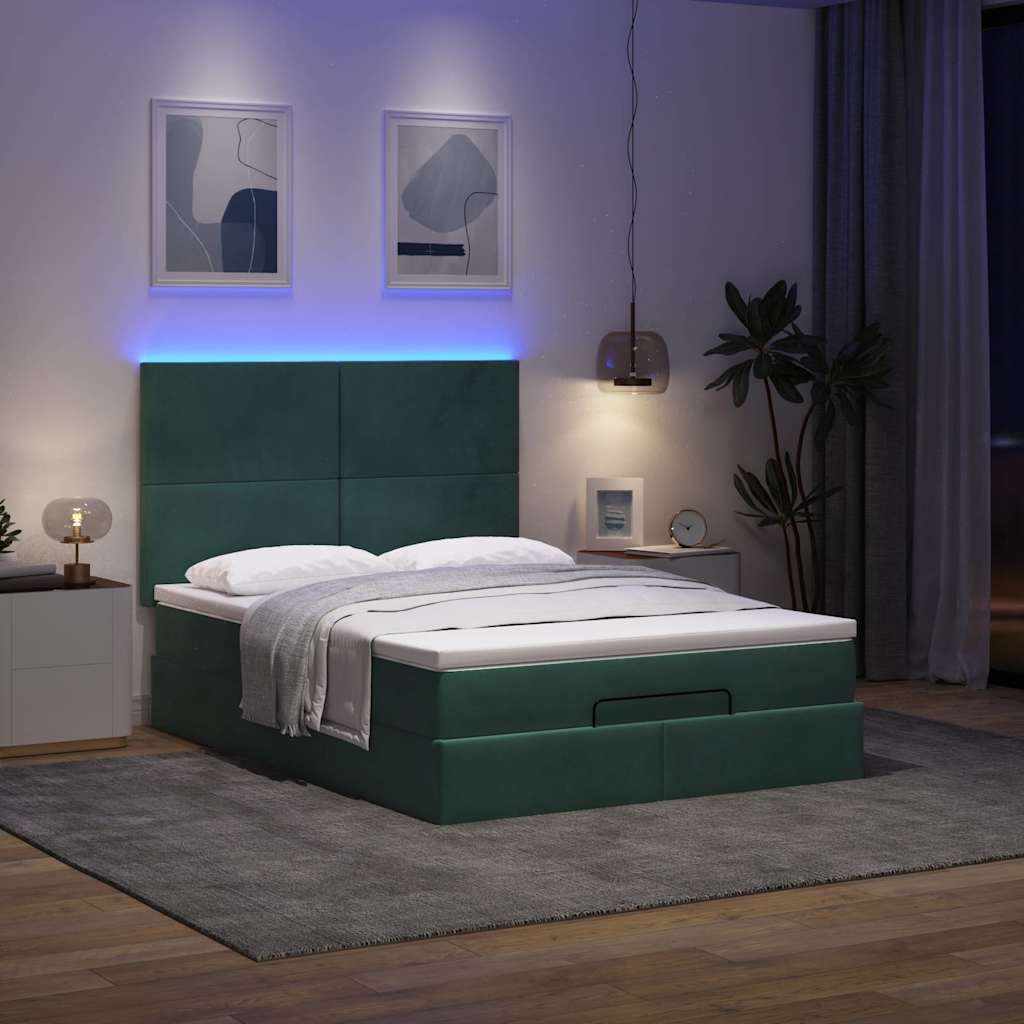 Ottoman-Bett mit Matratzen & LEDs Dunkelgrün 140x200 cm Samt
