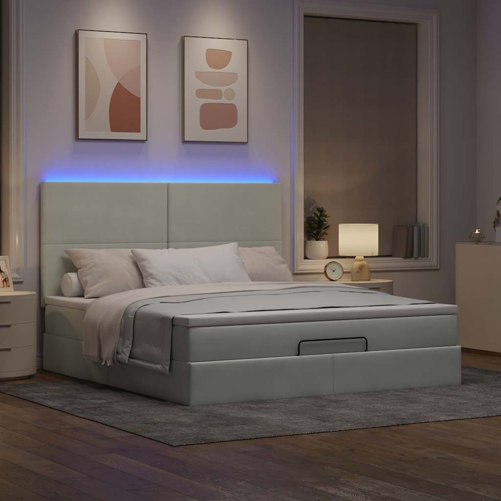 Ottoman-Bett mit Matratzen & LEDs Hellgrau 180x200 cm Samt