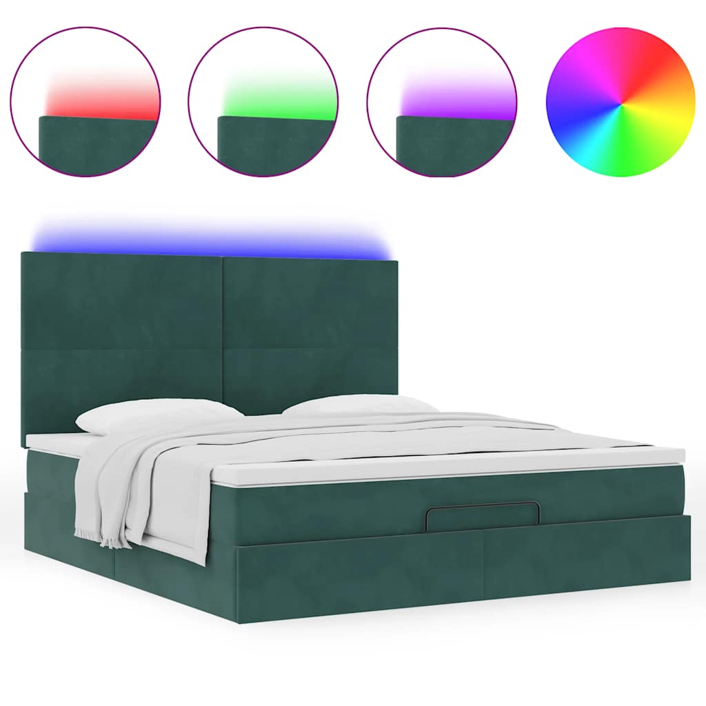Ottoman-Bett mit Matratzen & LEDs Dunkelgrün 180x200 cm Samt