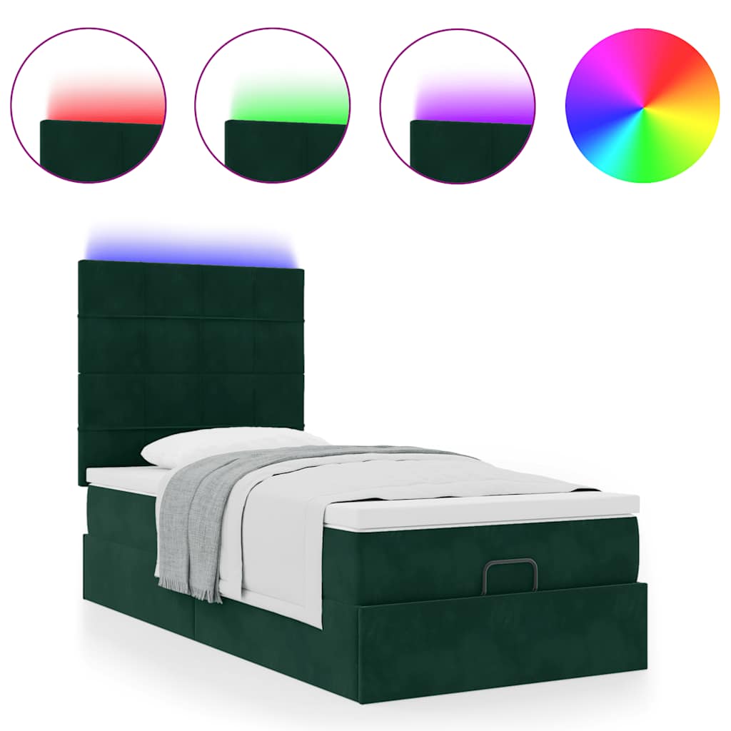 Ottoman-Bett mit Matratzen & LEDs Dunkelgrün 90x190 cm Samt