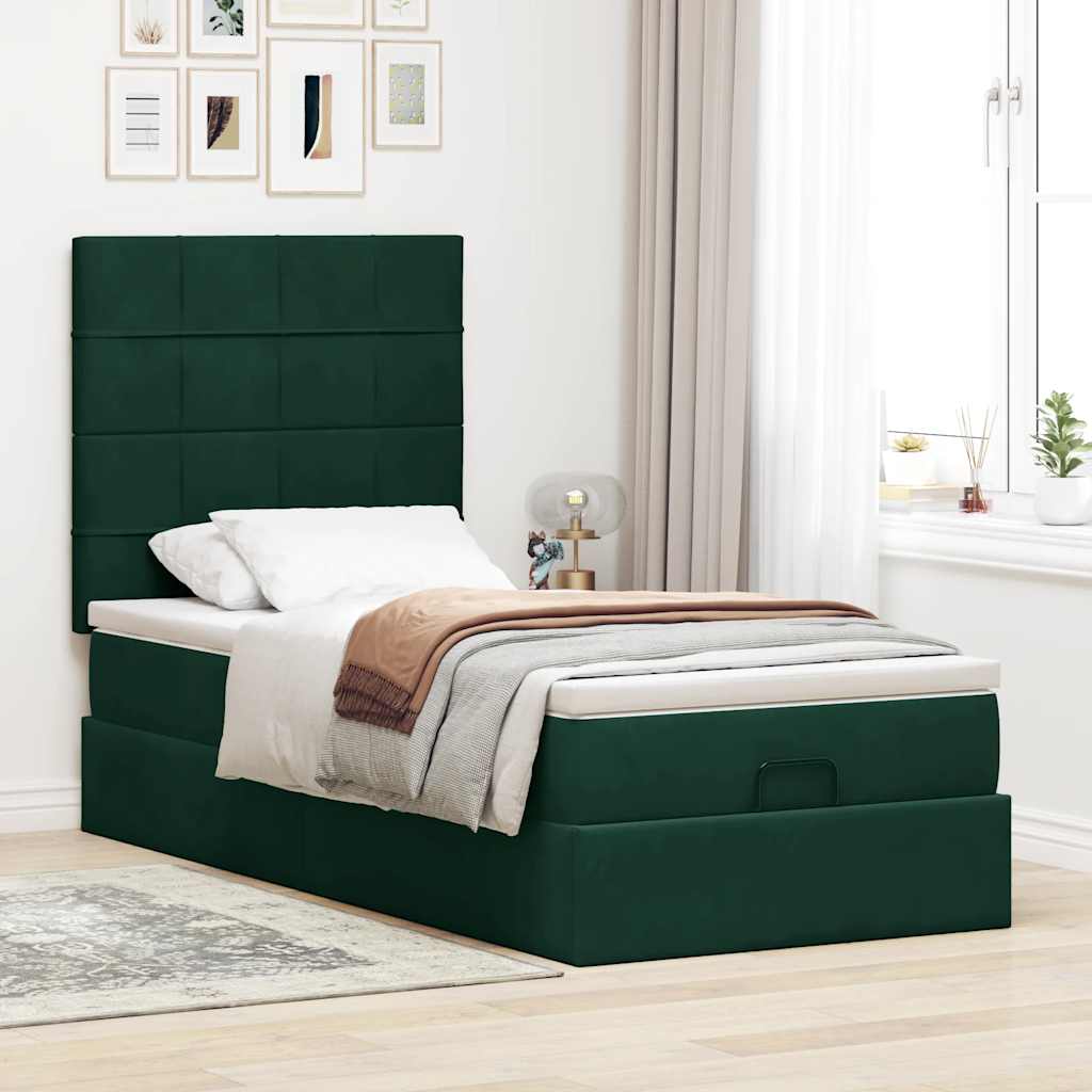 Ottoman-Bett mit Matratzen & LEDs Dunkelgrün 90x190 cm Samt