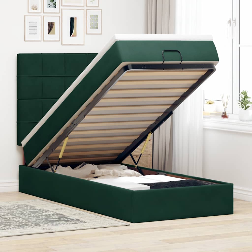 Ottoman-Bett mit Matratzen & LEDs Dunkelgrün 90x190 cm Samt