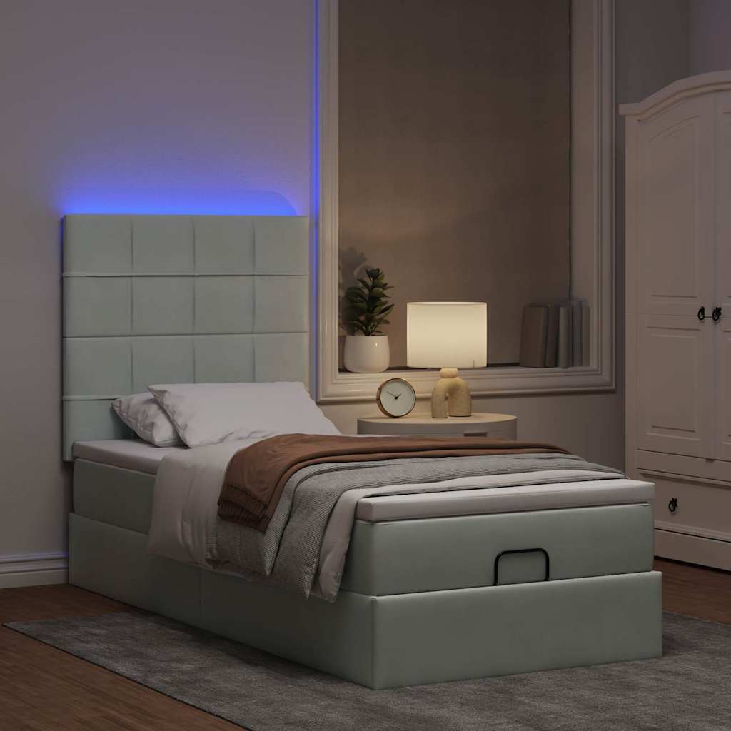 Ottoman-Bett mit Matratzen & LEDs Hellgrau 90x200 cm Samt