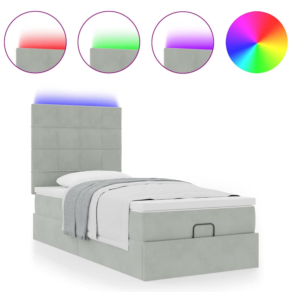 Ottoman-Bett mit Matratzen & LEDs Hellgrau 90x200 cm Samt